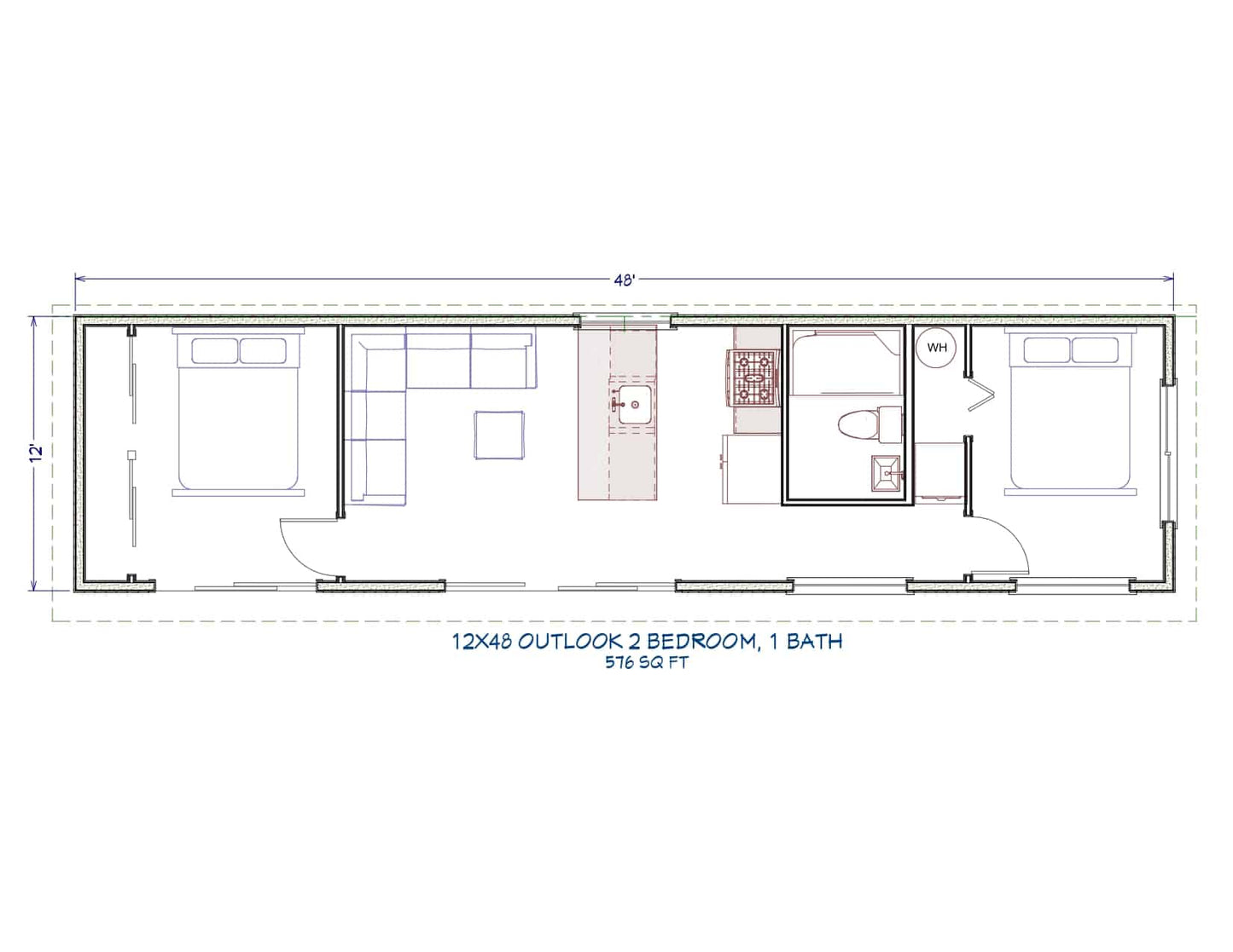 Plan #209 – 12' x 48' | 576 Sq Ft | 2 Bed, 1 Bath | One of Our Most Affordable Turnkey Home